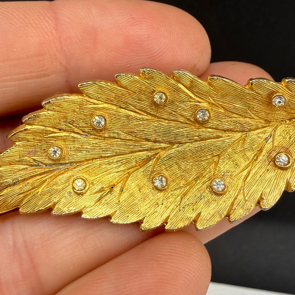Vintage Signed Leaf Brooch Gold Tone Rhinestone Fall Autumn Estate